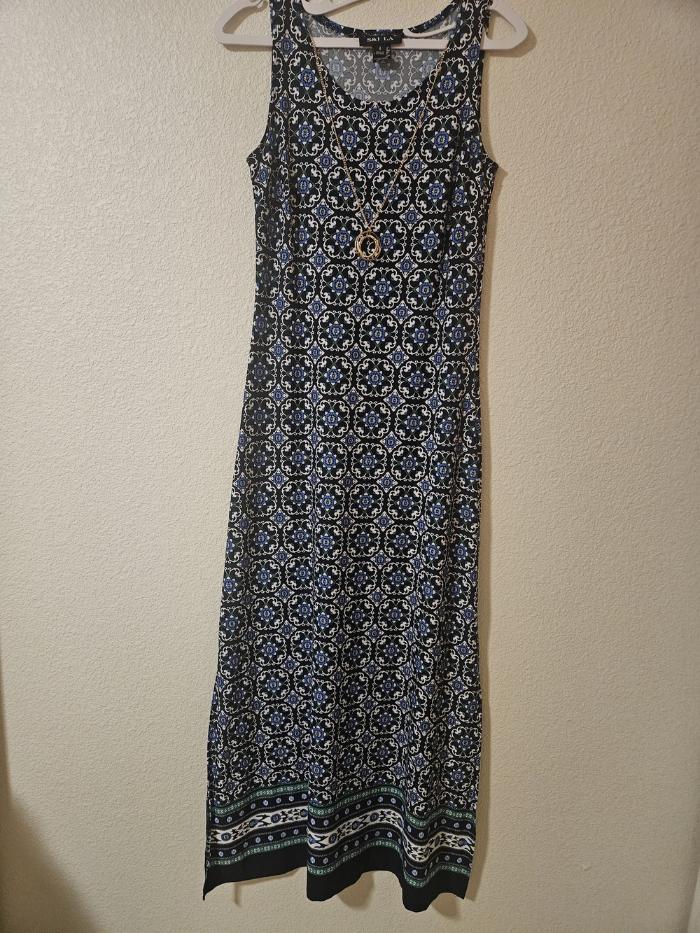 Sleeveless Black Maxi Dress with Blue Medallion Print
